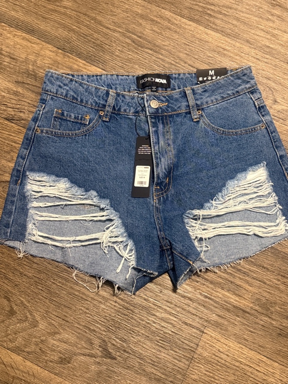 Fashion Nova Distressed Dark Blue High-Rise Denim Shorts